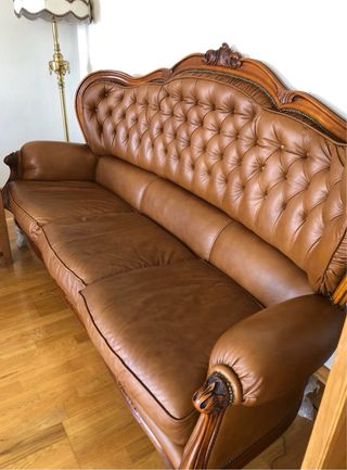 Sofá y sillón Luis XV piel marrón