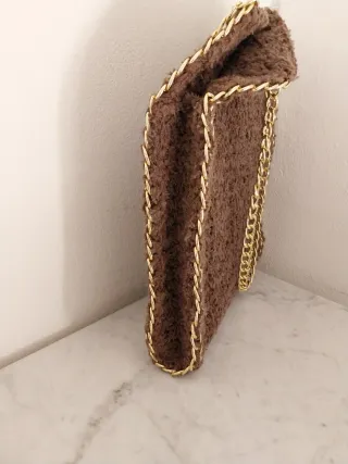 Borsa Farabella uncinetto marrone catena oro