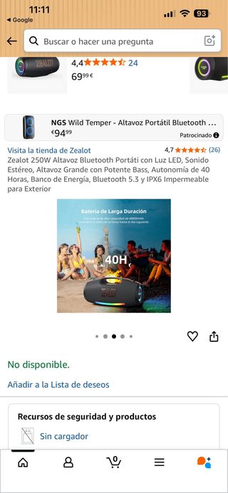 Altavoz Bluetooth Zealot 250W con Luz LED