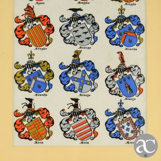 Litografia heráldica emoldurada em madeira dourada