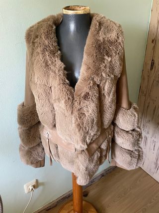 Chaqueta Pelo y Cuero Beige Talla L