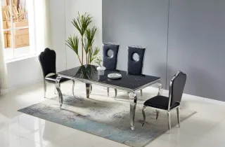 Mesa comedor lujo mármol y sillas negras