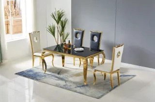 Mesa comedor lujo mármol y sillas negras
