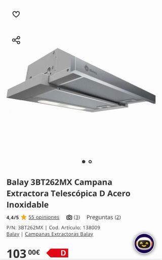Campana extractora Balay 3BT262MX Acero Inoxidable