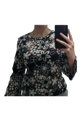 Maglia trasparente floreale nera e bianca