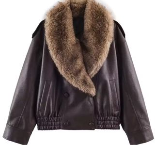 Cazadora efecto piel con cuello pelo nueva marrón