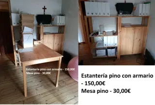Estantería, armario y mesa de pino