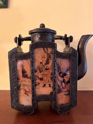 Tetera Antigua China Peltre y Vidrio