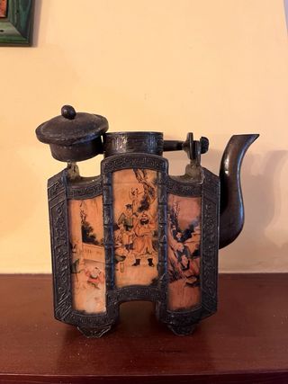 Tetera Antigua China Peltre y Vidrio