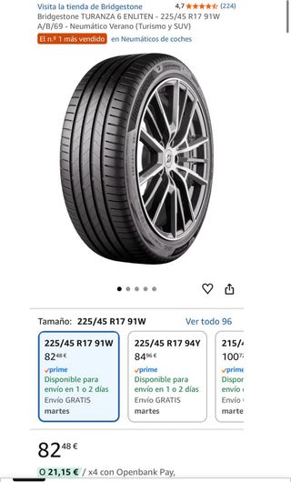 2x Neumáticos Bridgestone 225/45/17, usado 4 meses