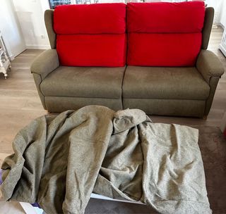 Sofá 2 plazas verde con cojines rojos