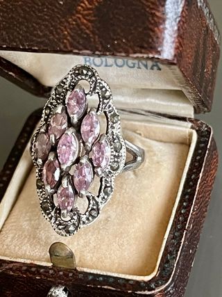 Grande Anello Argento 925 Rosa Marcasite