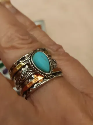 Anillo Plateado Turquesa Diseño Étnico