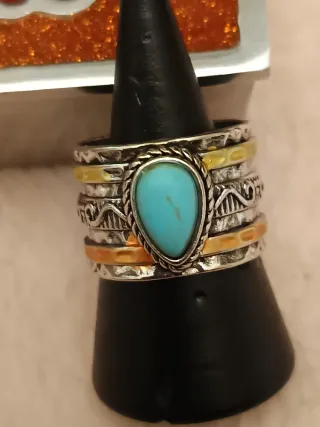 Anillo Plateado Turquesa Diseño Étnico