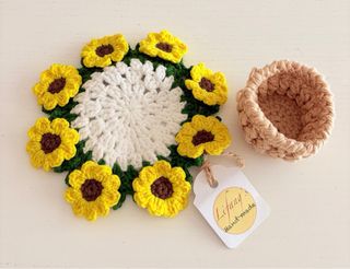Posavasos maceta de girasoles de crochet