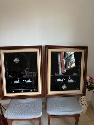 Coppia di quadri con cigni in cristallo