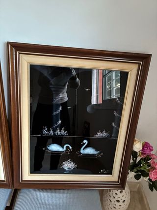 Coppia di quadri con cigni in cristallo