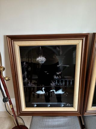 Coppia di quadri con cigni in cristallo