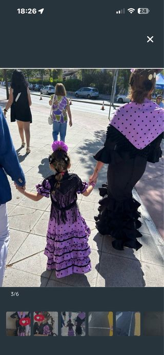 Vestido de flamenca morado con lunares negros t/4