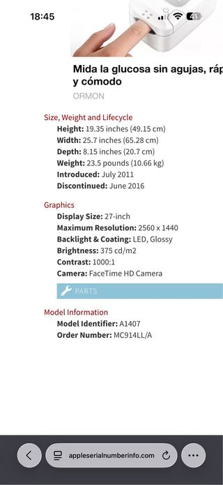 Monitor Apple 27 A1407