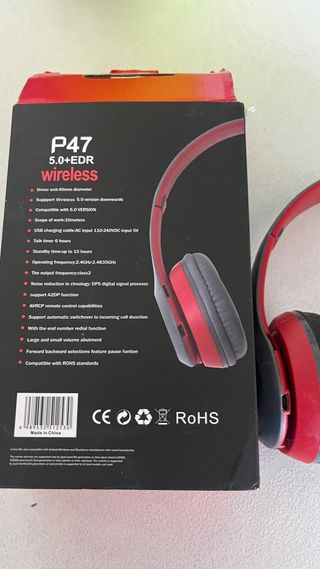 Cascos Inalámbricos P47 Bluetooth Rojos y Negros