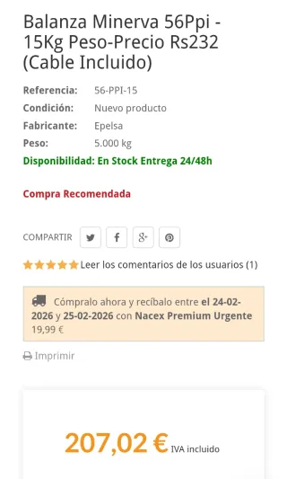 Balanza Minerva 56Ppi 15Kg