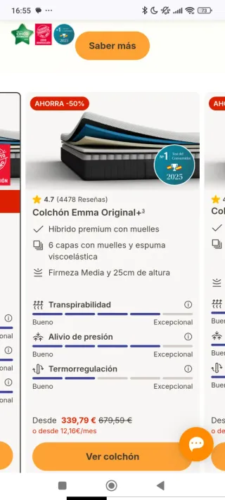 Colchón Emma Viscoelástico cama 1,35