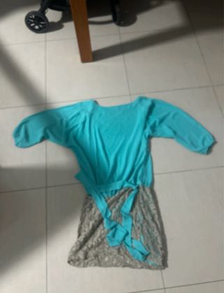 Vestido largo gris y turquesa