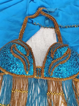 Traje Danza Vientre Azul y Dorado