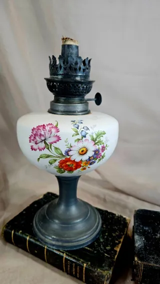 Quinqué antiguo opalina peltre Francia sxix