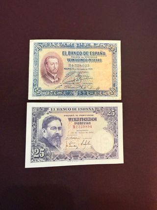 2 Billetes Españoles Antiguos de 25 Pesetas