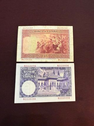 2 Billetes Españoles Antiguos de 25 Pesetas