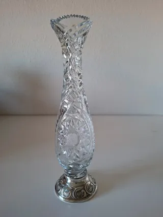 ANTIGUO JARRÓN CRISTAL DE BOHEMIA BASE DE PLATA