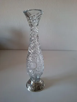 ANTIGUO JARRÓN CRISTAL DE BOHEMIA BASE DE PLATA