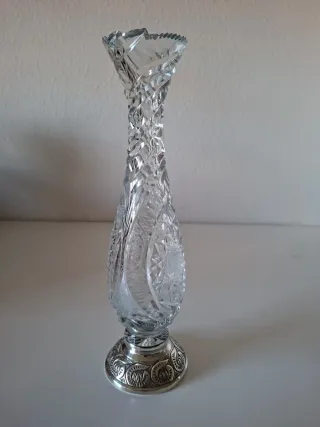 ANTIGUO JARRÓN CRISTAL DE BOHEMIA BASE DE PLATA