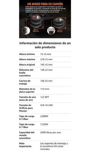 2x Muelle de suspensión aire Balona Standard 2500