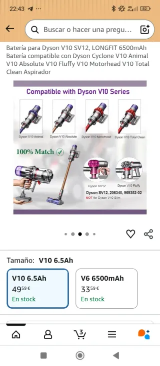 Batteria per aspirapolvere Dyson V10 SV12, 6500mAh