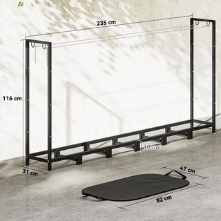 Porta legna esterno in acciaio, con borsa per il trasporto, struttura regolabile e catene in metallo, porta legna rialzato, 0,8 m³, 235x31x116 cm, nero