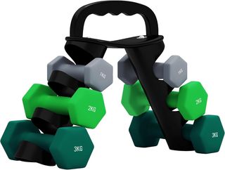 Juego de Mancuernas de Gimnasio con Soporte Plegable, Mancuernas Hexagonales de Metal con Agarre, Entrenamiento Fitness en Casa, Multicolor