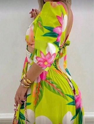 Vestido largo floral verde y rosa elegante