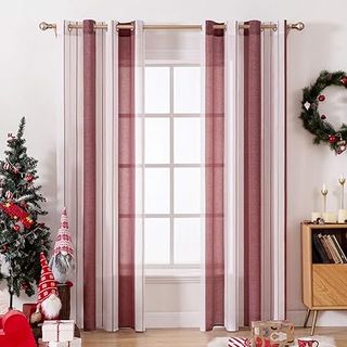 MIULEE Tende Moderne a Strisce Bianco e Rosso Vino per Salone, Tende da Camera da Letto per Giovani con Occhielli, Semitrasparenti