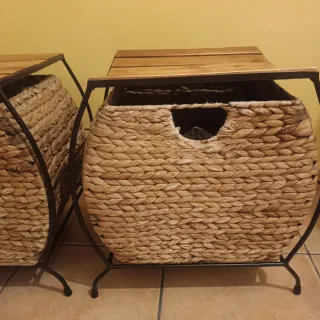 2 Pufs/Mesitas Auxiliares Mimbre y Madera