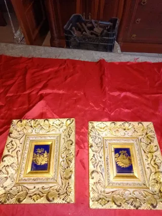 Pareja Cuadros Esmalte Cerámica Azul Dorado