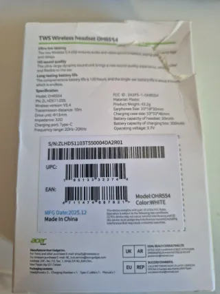 Auriculares TWS Acer OHR554 blanco