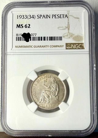 1 Peseta Plata 1933 República Española certificada