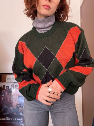 Maglione lana vintage rombi verde arancio