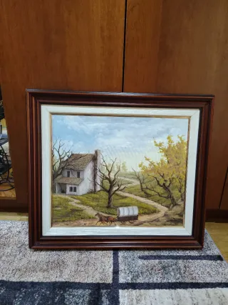 Quadro a olio paesaggio con carretta e casa
