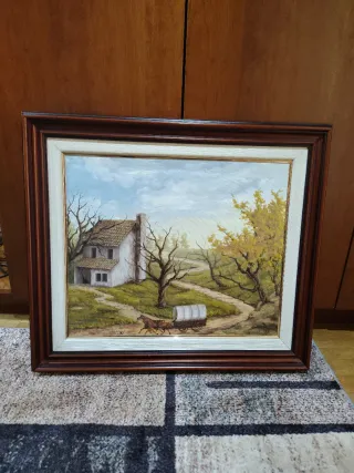 Quadro a olio paesaggio con carretta e casa