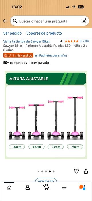 Patinete 3 ruedas color rosa, marca Sawyer
