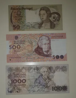 Lotes Billetes Portugal 50, 500, 1000 Escudos